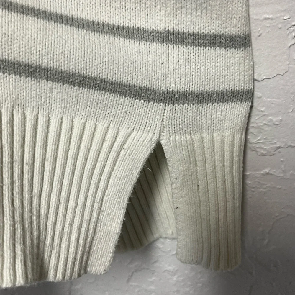Nautica Women's V-Neck Sweater in Gray and White Stripes